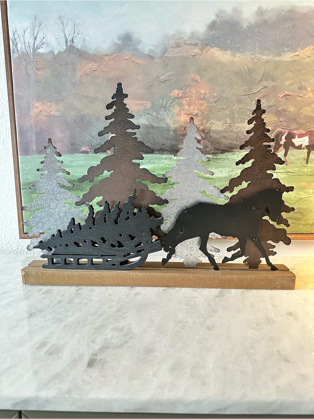 Wooden Base Metal Horse & Tree Silhouette Decor - Black & Silver